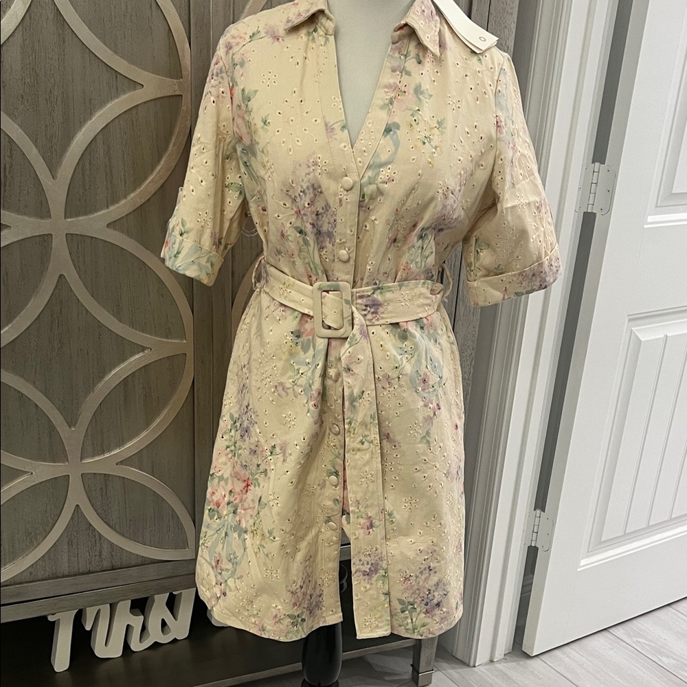 NWT Denim Floral Belted Shirt Dress